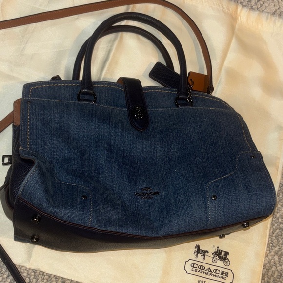 Coach Blue Denim and Black Leather Satchel with Brown Strap